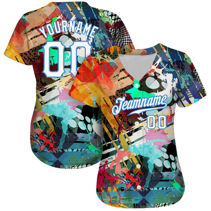 Team Jerseys Baseball, Custom Graffiti Colored Abstract Pattern White Light Blue 3D Authentic Baseball Jersey, Logo Baseball Jersey