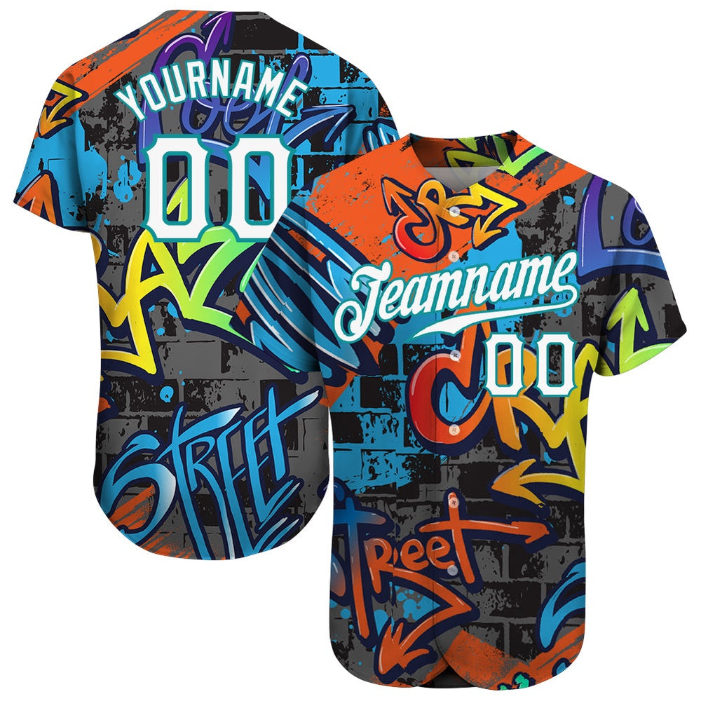 Team Jerseys Baseball, Custom Graffiti Geometric Pattern White Teal 3D Authentic Baseball Jersey, Logo Baseball Jersey