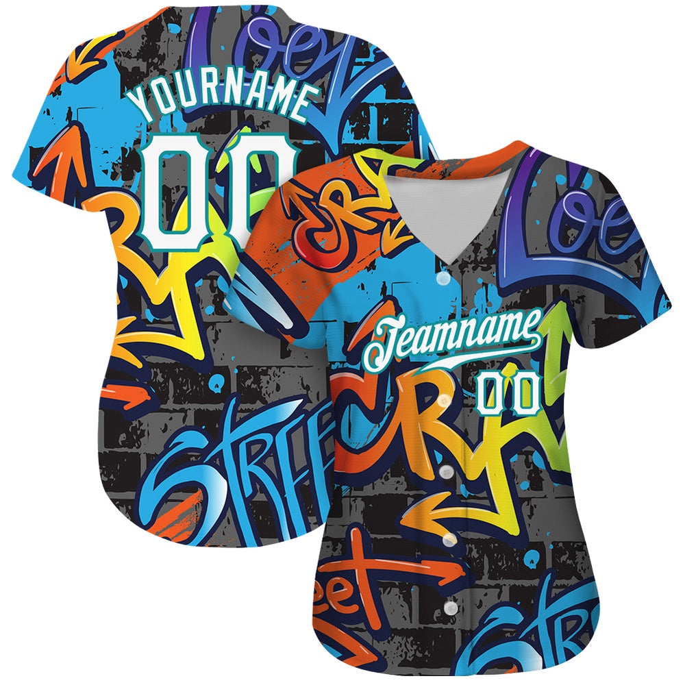 Team Jerseys Baseball, Custom Graffiti Geometric Pattern White Teal 3D Authentic Baseball Jersey, Logo Baseball Jersey