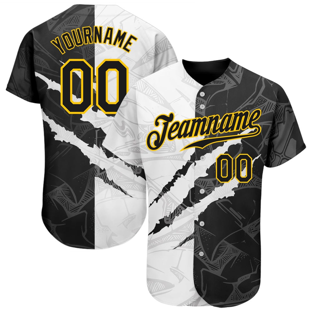 Team Jerseys Baseball, Custom Graffiti Pattern Black Gold 3D Scratch Authentic Baseball Jersey, Logo Baseball Jersey