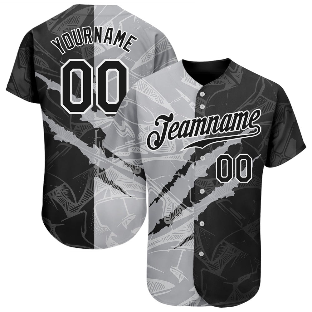 Team Jerseys Baseball, Custom Graffiti Pattern Black Gray 3D Scratch Authentic Baseball Jersey, Logo Baseball Jersey