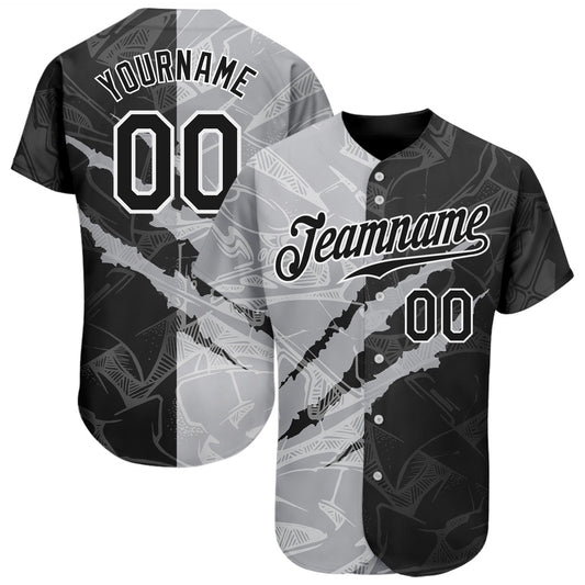 Team Jerseys Baseball, Custom Graffiti Pattern Black Gray 3D Scratch Authentic Baseball Jersey, Logo Baseball Jersey
