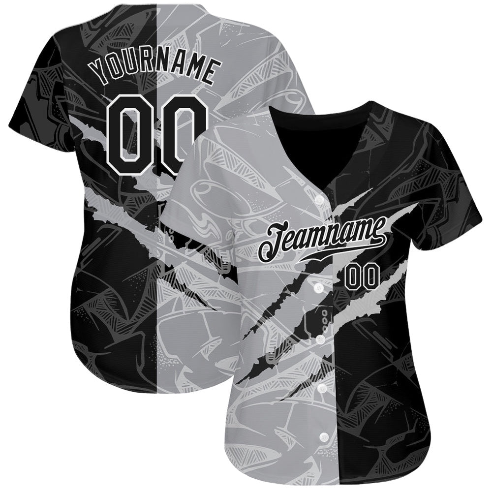 Team Jerseys Baseball, Custom Graffiti Pattern Black Gray 3D Scratch Authentic Baseball Jersey, Logo Baseball Jersey