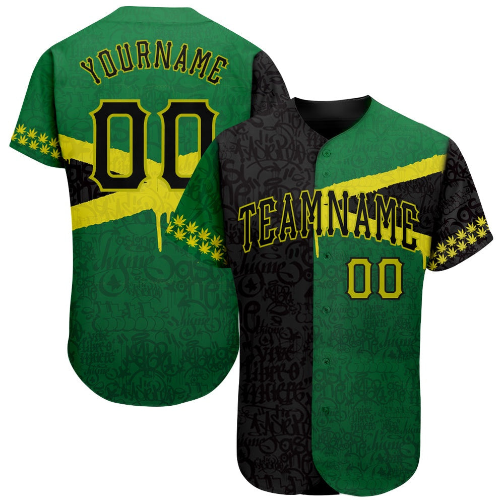 Team Jerseys Baseball, Custom Graffiti Pattern Black Green 3D Jamaica Authentic Baseball Jersey, Logo Baseball Jersey