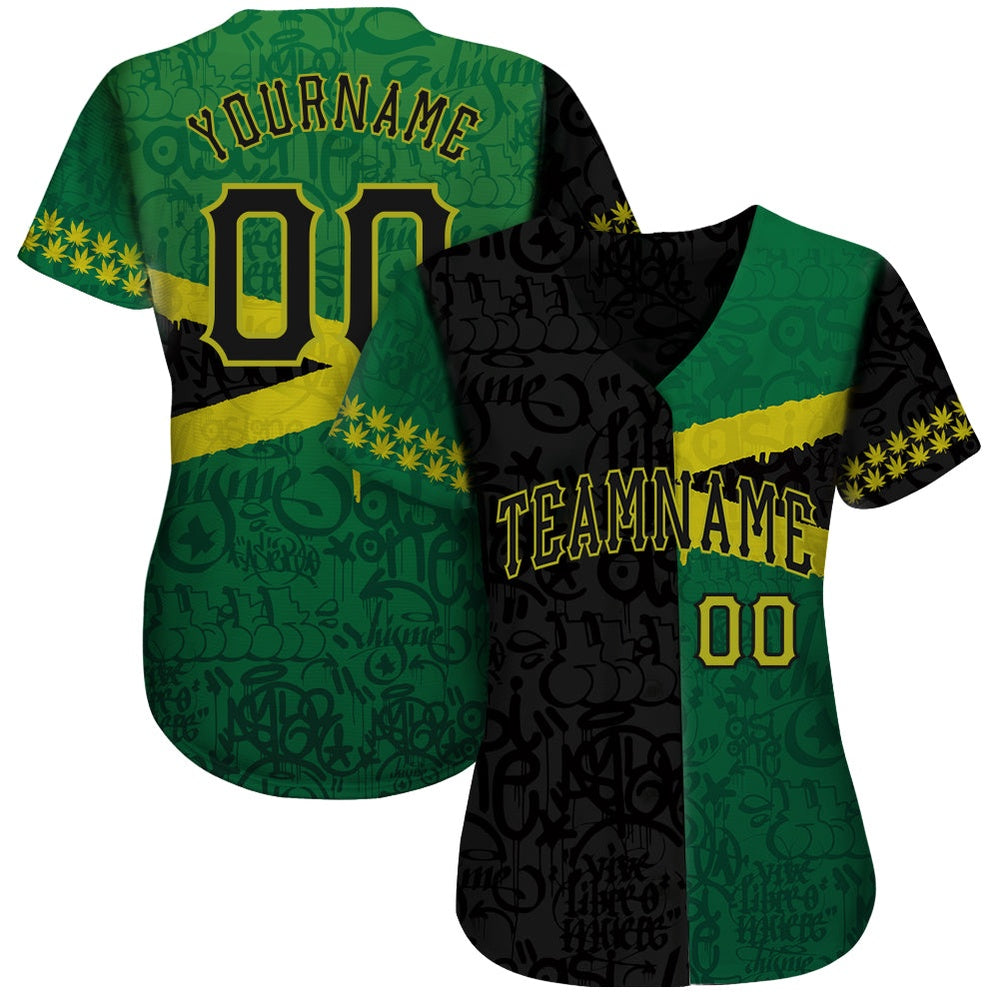 Team Jerseys Baseball, Custom Graffiti Pattern Black Green 3D Jamaica Authentic Baseball Jersey, Logo Baseball Jersey