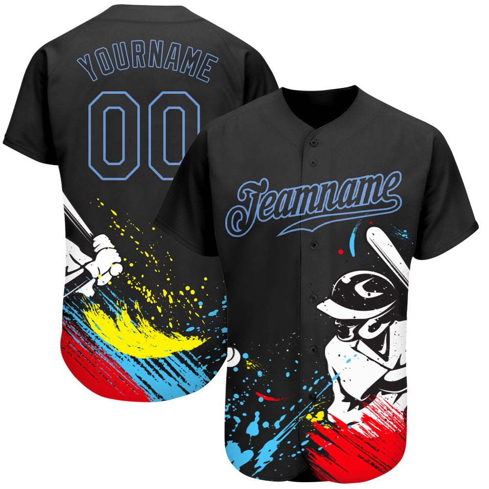 Team Jerseys Baseball, Custom Graffiti Pattern Black Light Blue 3D Authentic Baseball Jersey, Logo Baseball Jersey