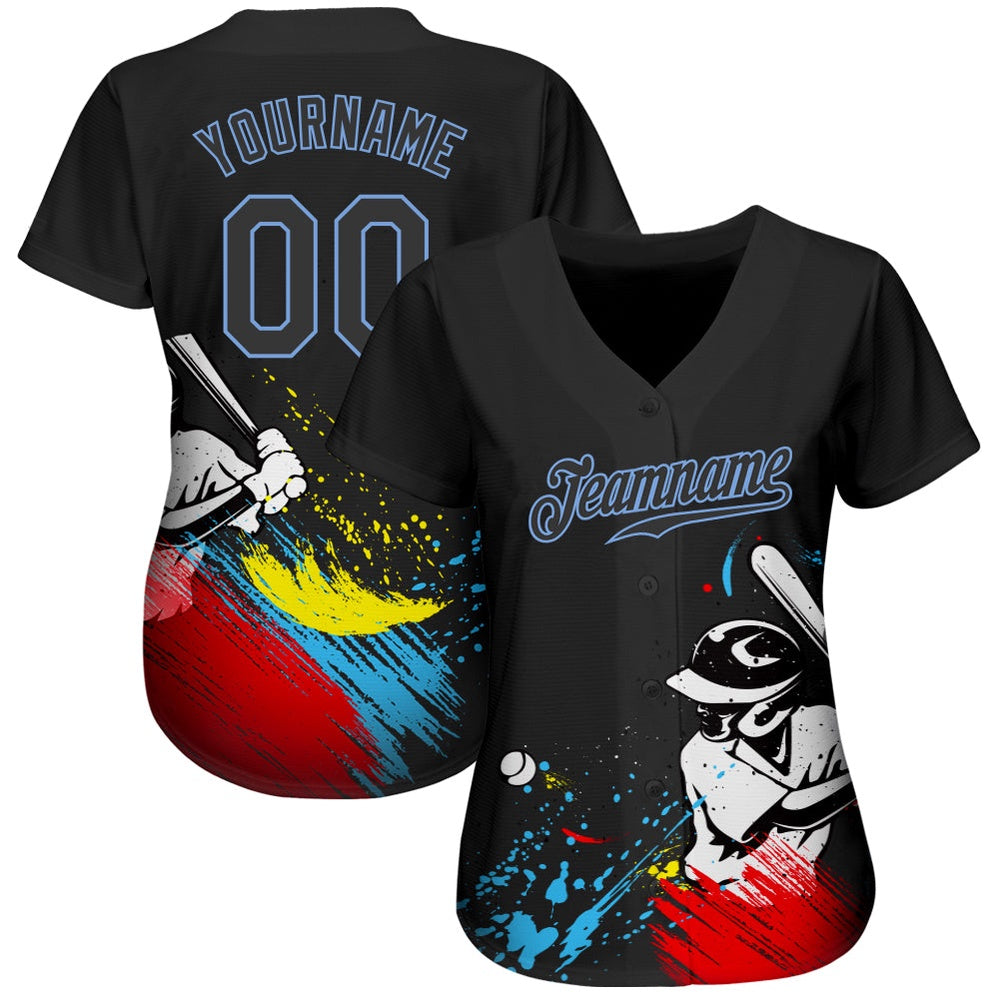 Team Jerseys Baseball, Custom Graffiti Pattern Black Light Blue 3D Authentic Baseball Jersey, Logo Baseball Jersey