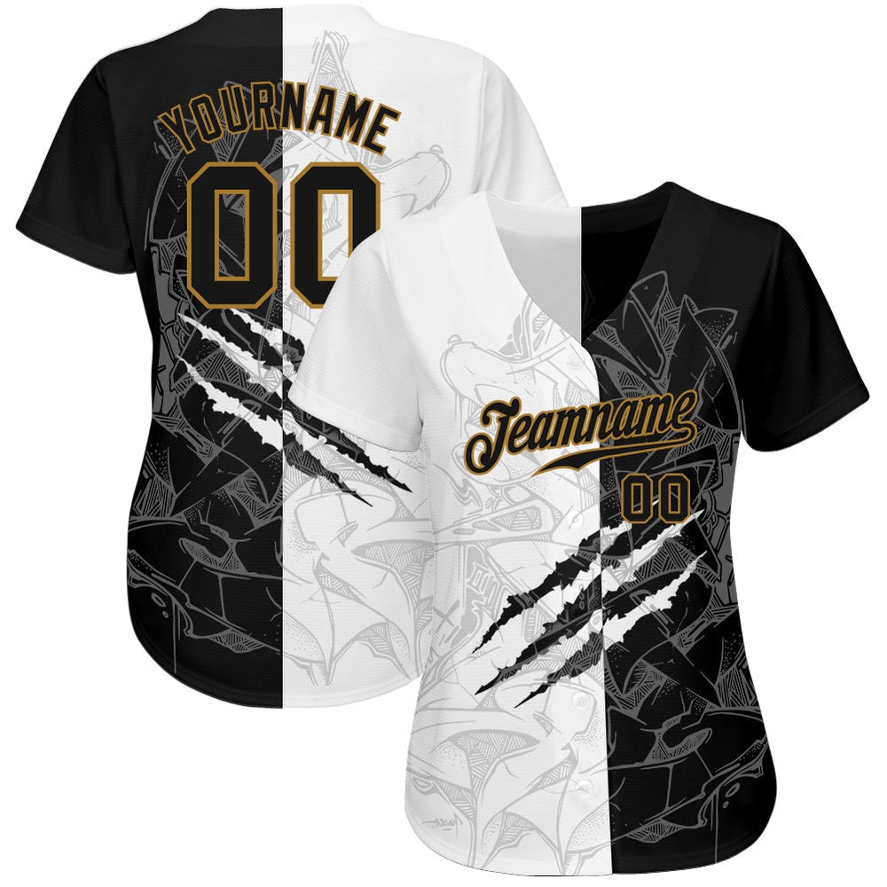 Team Jerseys Baseball, Custom Graffiti Pattern Black Old Gold 3D Authentic Baseball Jersey, Logo Baseball Jersey