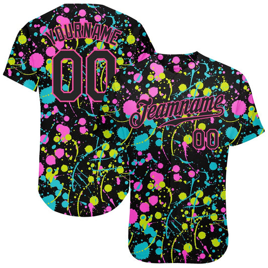 Team Jerseys Baseball, Custom Graffiti Pattern Black Pink 3D Neon Splatter Authentic Baseball Jersey, Logo Baseball Jersey