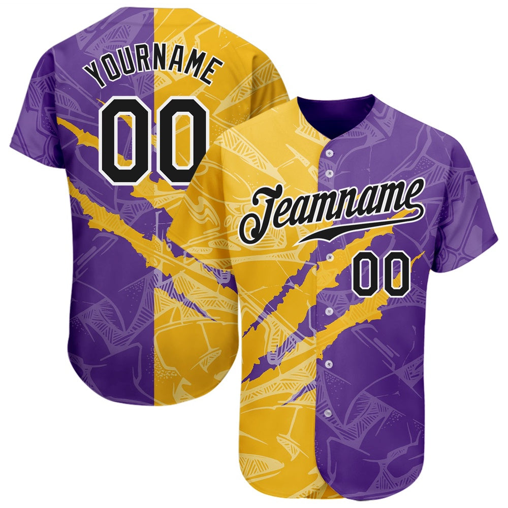 Team Jerseys Baseball, Custom Graffiti Pattern Black Yellow Purple 3D Scratch Authentic Baseball Jersey, Logo Baseball Jersey