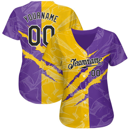 Team Jerseys Baseball, Custom Graffiti Pattern Black Yellow Purple 3D Scratch Authentic Baseball Jersey, Logo Baseball Jersey