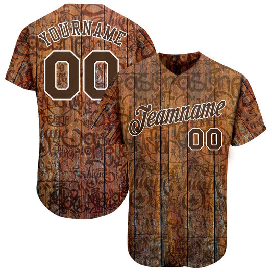 Team Jerseys Baseball, Custom Graffiti Pattern Brown White 3D Wood Authentic Baseball Jersey, Logo Baseball Jersey