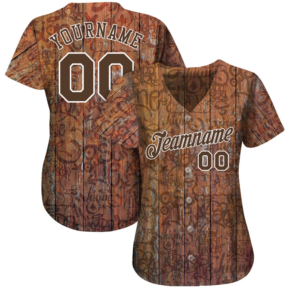 Team Jerseys Baseball, Custom Graffiti Pattern Brown White 3D Wood Authentic Baseball Jersey, Logo Baseball Jersey