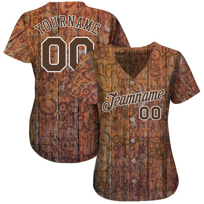 Team Jerseys Baseball, Custom Graffiti Pattern Brown White 3D Wood Authentic Baseball Jersey, Logo Baseball Jersey