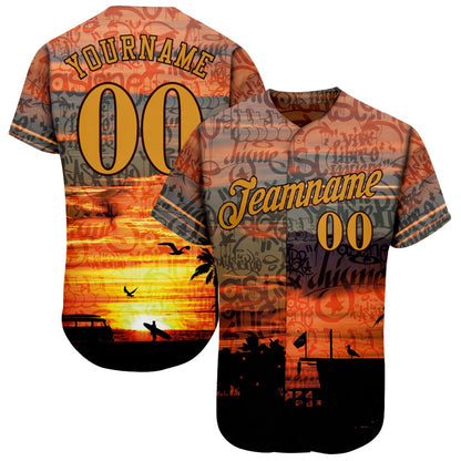 Team Jerseys Baseball, Custom Graffiti Pattern Gold Brown 3D Beach Authentic Baseball Jersey, Logo Baseball Jersey