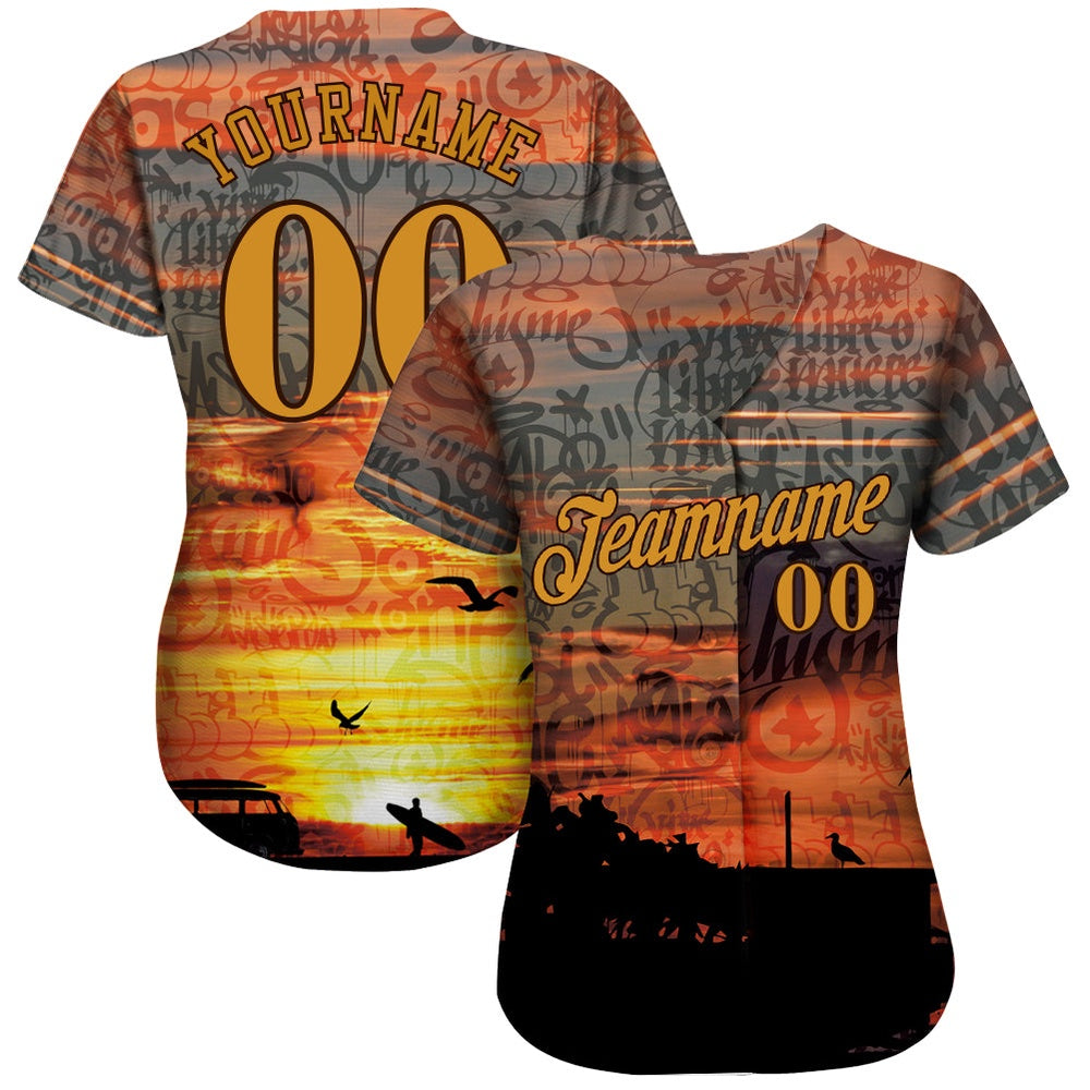 Team Jerseys Baseball, Custom Graffiti Pattern Gold Brown 3D Beach Authentic Baseball Jersey, Logo Baseball Jersey