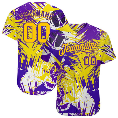 Team Jerseys Baseball, Custom Graffiti Pattern Gold Purple 3D Authentic Baseball Jersey, Logo Baseball Jersey