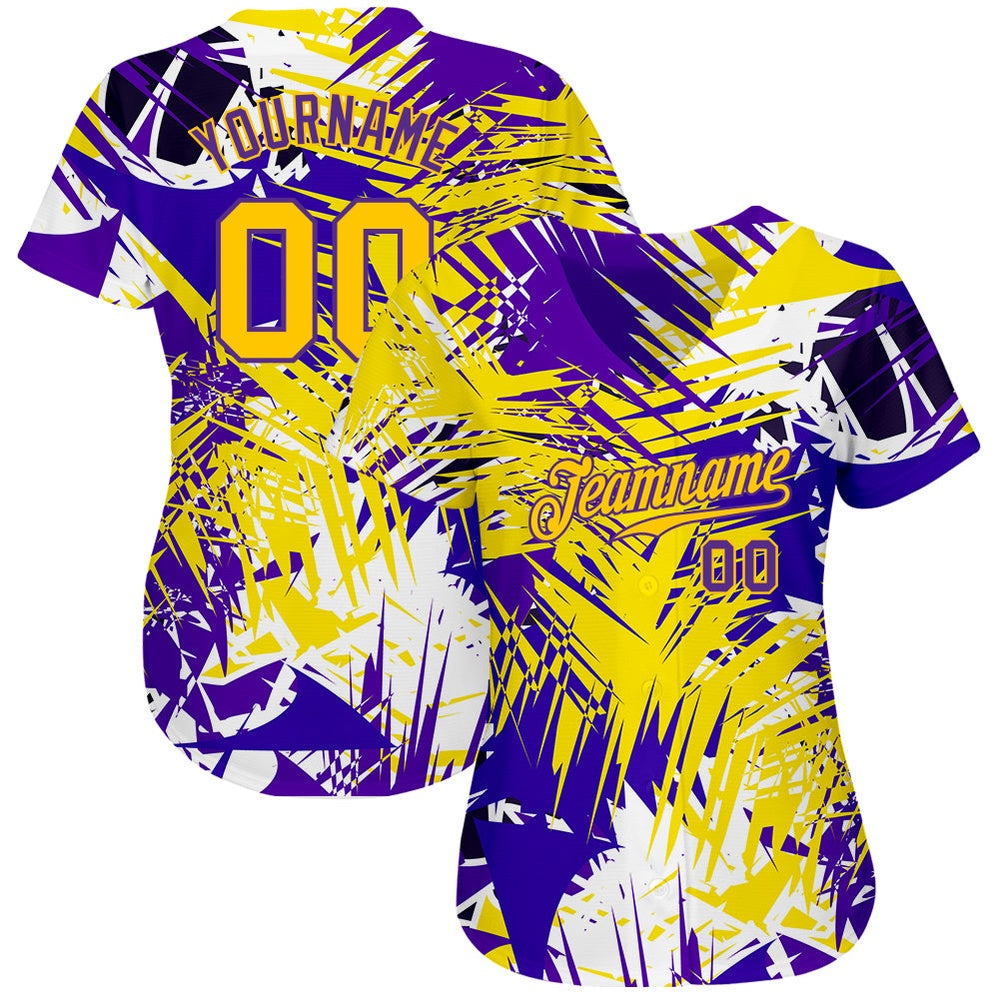 Team Jerseys Baseball, Custom Graffiti Pattern Gold Purple 3D Authentic Baseball Jersey, Logo Baseball Jersey