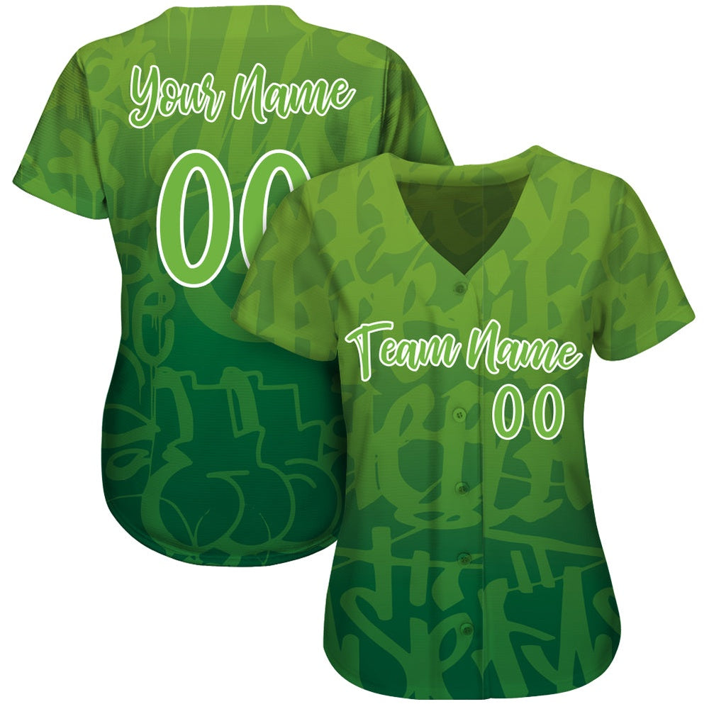 Team Jerseys Baseball, Custom Graffiti Pattern Green White 3D Green Authentic Baseball Jersey, Logo Baseball Jersey