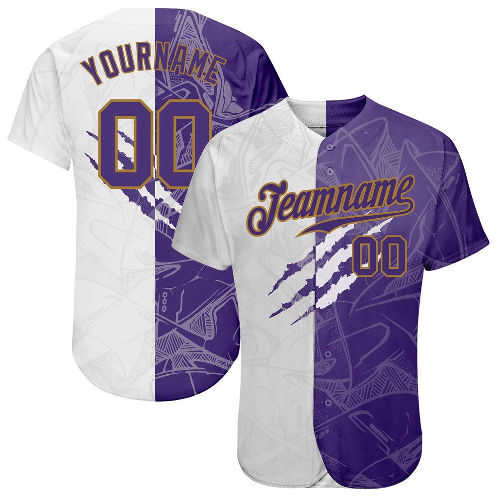 Team Jerseys Baseball, Custom Graffiti Pattern Purple Old Gold 3D Authentic Baseball Jersey, Logo Baseball Jersey
