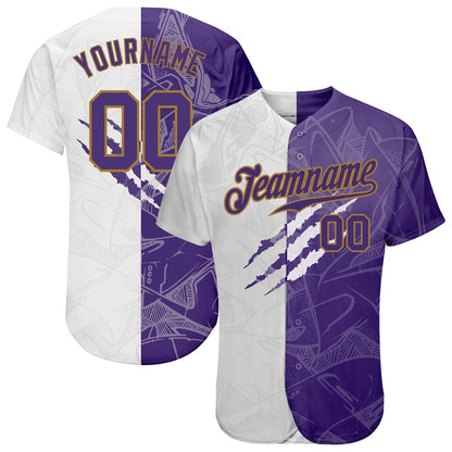 Team Jerseys Baseball, Custom Graffiti Pattern Purple Old Gold 3D Authentic Baseball Jersey, Logo Baseball Jersey
