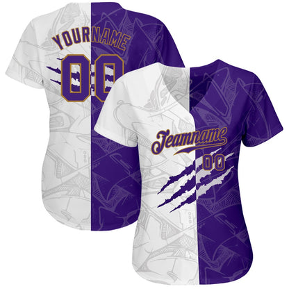Team Jerseys Baseball, Custom Graffiti Pattern Purple Old Gold 3D Authentic Baseball Jersey, Logo Baseball Jersey