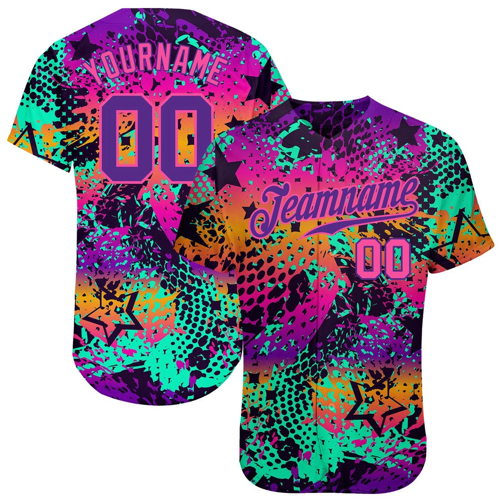 Team Jerseys Baseball, Custom Graffiti Pattern Purple Pink 3D Authentic Baseball Jersey, Logo Baseball Jersey