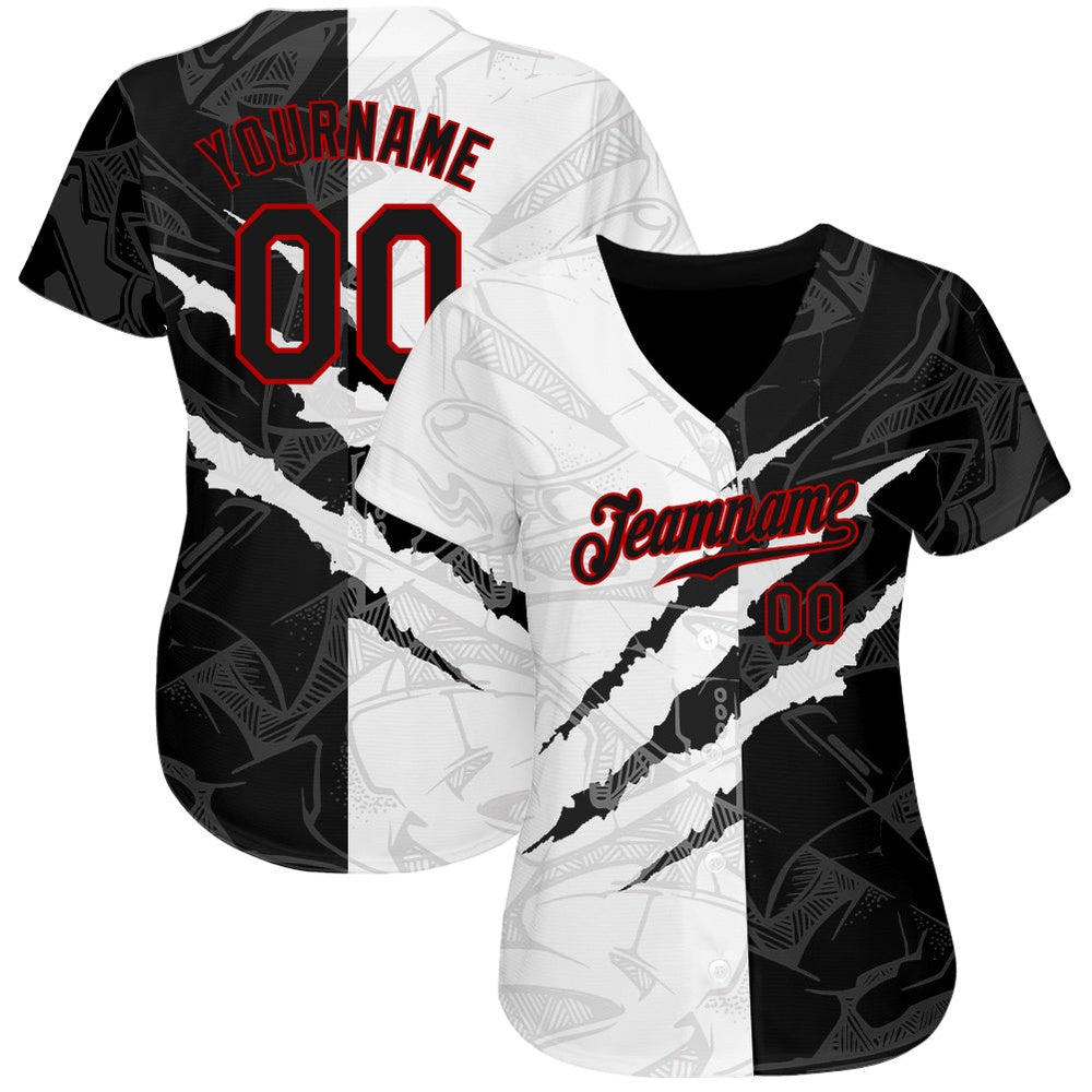 Team Jerseys Baseball, Custom Graffiti Pattern Red Black 3D Scratch Authentic Baseball Jersey, Logo Baseball Jersey