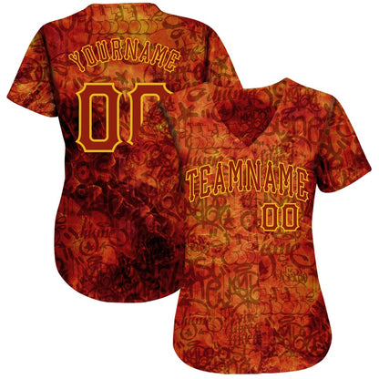 Team Jerseys Baseball, Custom Graffiti Pattern Red Gold 3D Fire Authentic Baseball Jersey, Logo Baseball Jersey
