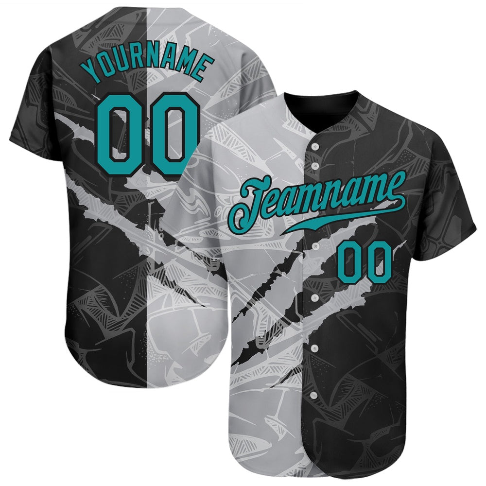 Team Jerseys Baseball, Custom Graffiti Pattern Teal Gray Black 3D Scratch Authentic Baseball Jersey, Logo Baseball Jersey