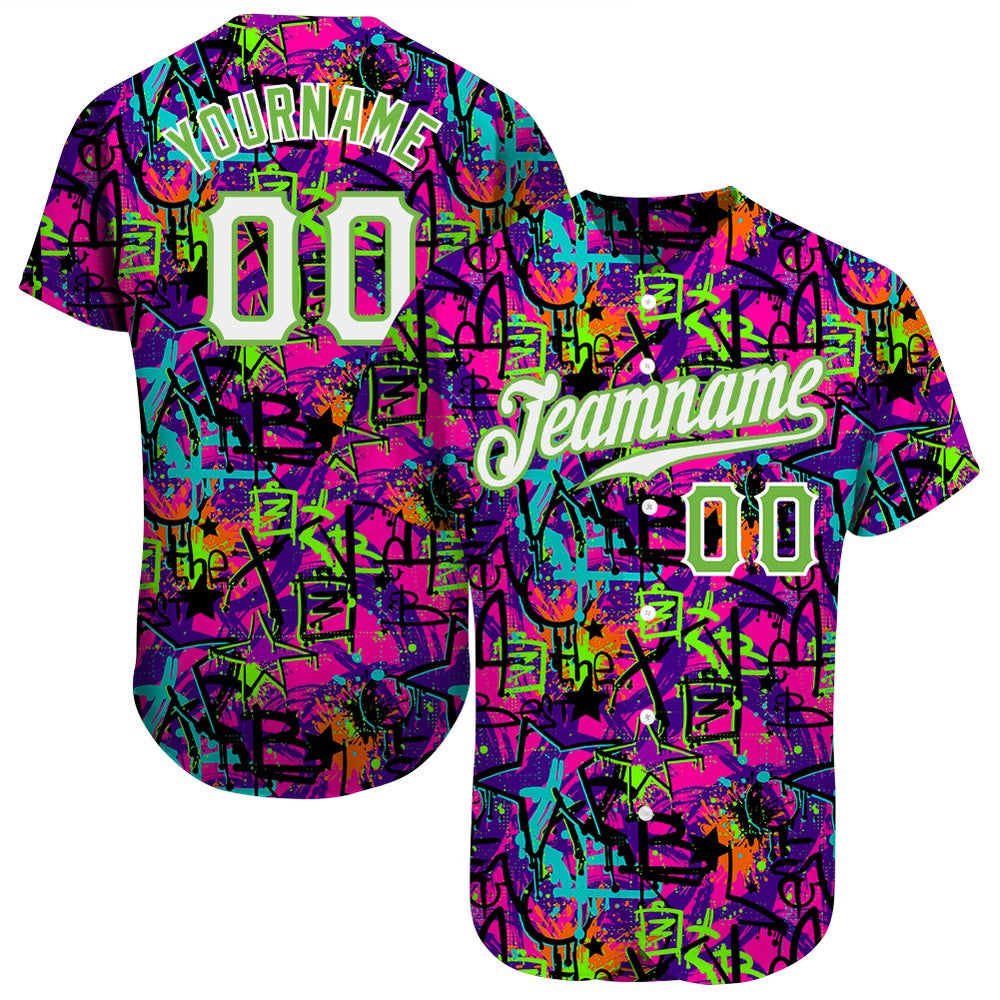 Team Jerseys Baseball, Custom Graffiti Pattern White Neon Green 3D Authentic Baseball Jersey, Logo Baseball Jersey
