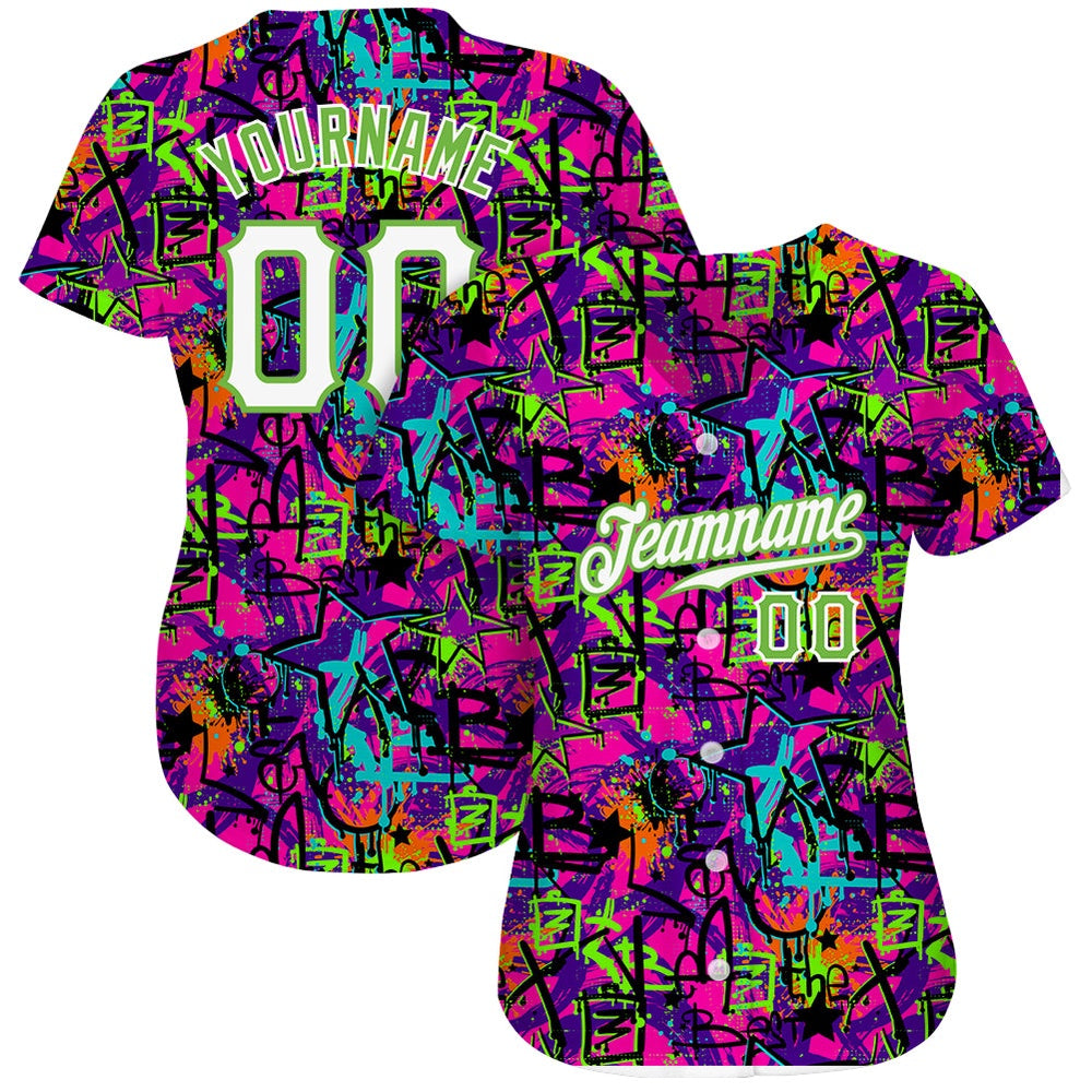 Team Jerseys Baseball, Custom Graffiti Pattern White Neon Green 3D Authentic Baseball Jersey, Logo Baseball Jersey