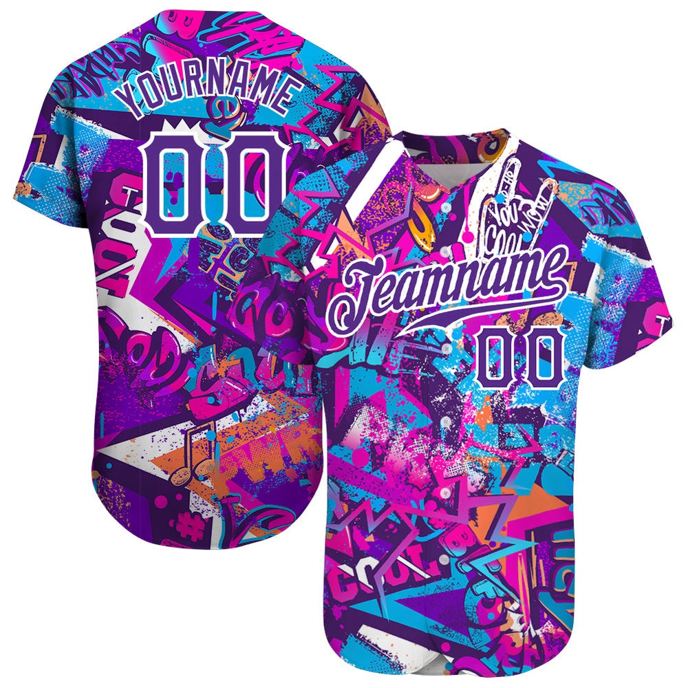 Team Jerseys Baseball, Custom Graffiti Words Pattern White Purple 3D Authentic Baseball Jersey, Logo Baseball Jersey