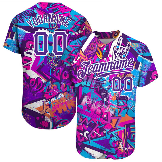 Team Jerseys Baseball, Custom Graffiti Words Pattern White Purple 3D Authentic Baseball Jersey, Logo Baseball Jersey