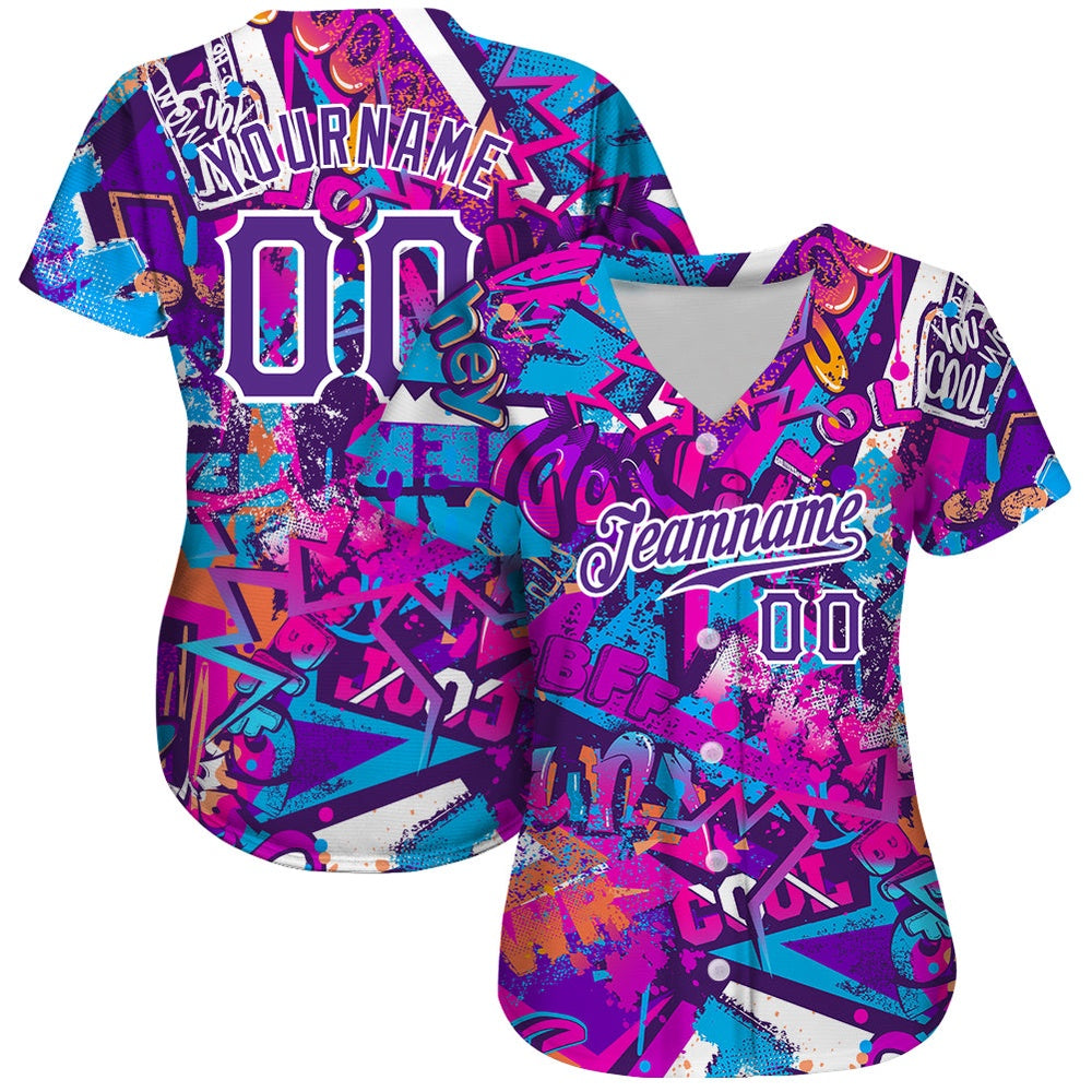 Team Jerseys Baseball, Custom Graffiti Words Pattern White Purple 3D Authentic Baseball Jersey, Logo Baseball Jersey