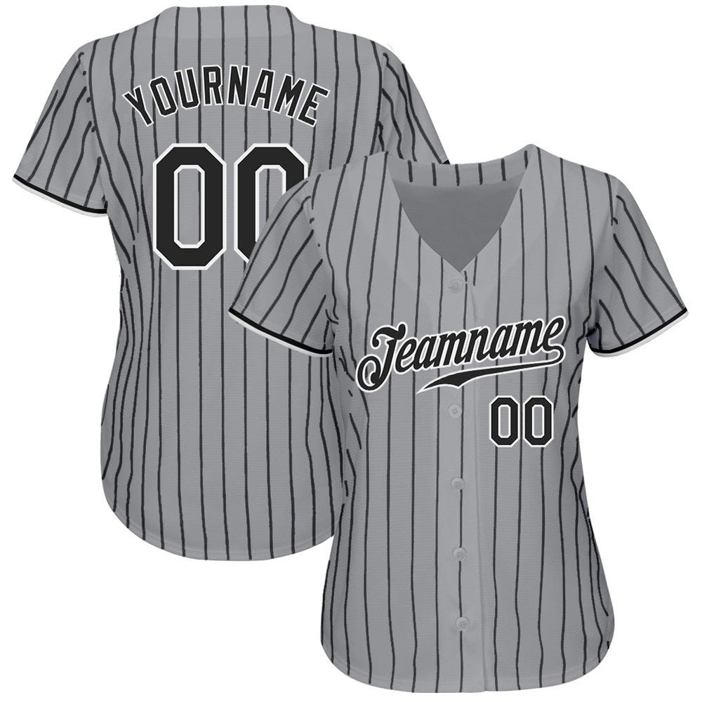 Team Jerseys Baseball, Custom Gray Black Pinstripe Black White Authentic Baseball Jersey, Logo Baseball Jersey