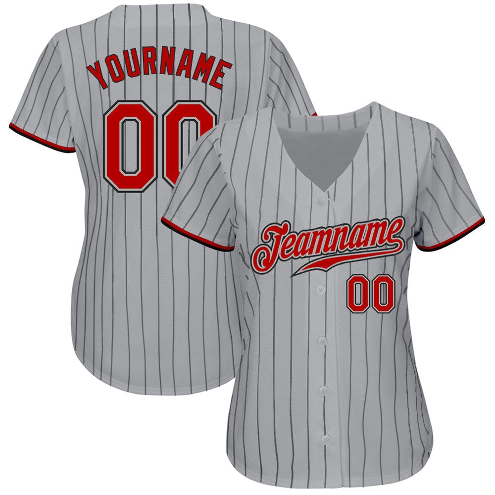 Team Jerseys Baseball, Custom Gray Black Pinstripe Red Black Authentic Baseball Jersey, Logo Baseball Jersey
