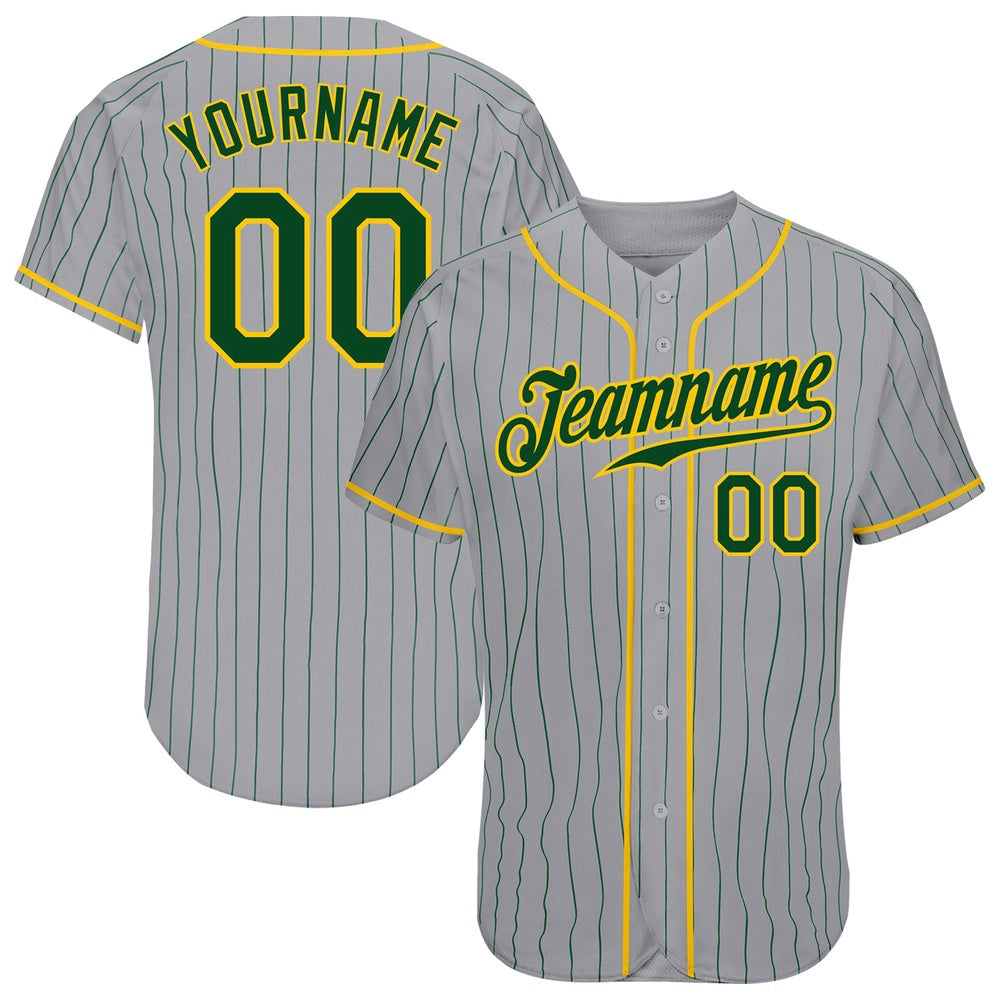 Team Jerseys Baseball, Custom Gray Green Pinstripe Green Gold Authentic Baseball Jersey, Logo Baseball Jersey
