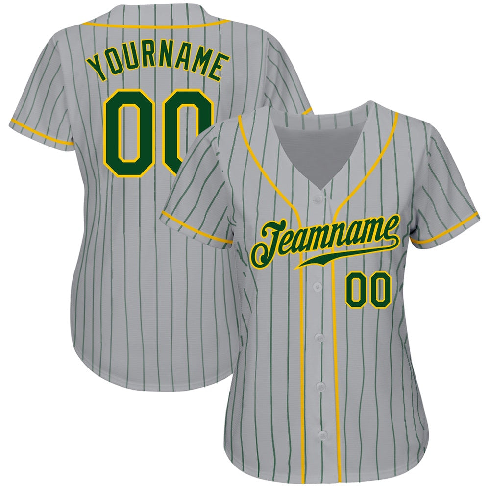 Team Jerseys Baseball, Custom Gray Green Pinstripe Green Gold Authentic Baseball Jersey, Logo Baseball Jersey
