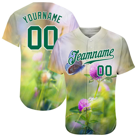 Team Jerseys Baseball, Custom Gray Kelly Green White 3D Pattern Design Flowers And Butterfly Authentic Baseball Jersey, Logo Baseball Jersey