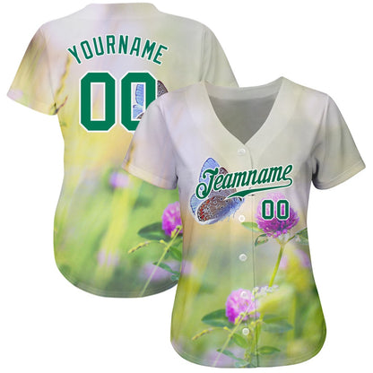 Team Jerseys Baseball, Custom Gray Kelly Green White 3D Pattern Design Flowers And Butterfly Authentic Baseball Jersey, Logo Baseball Jersey