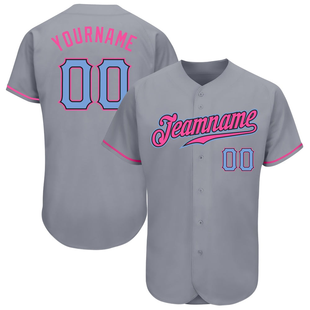 Team Jerseys Baseball, Custom Gray Light Blue Pink Authentic Baseball Jersey, Logo Baseball Jersey