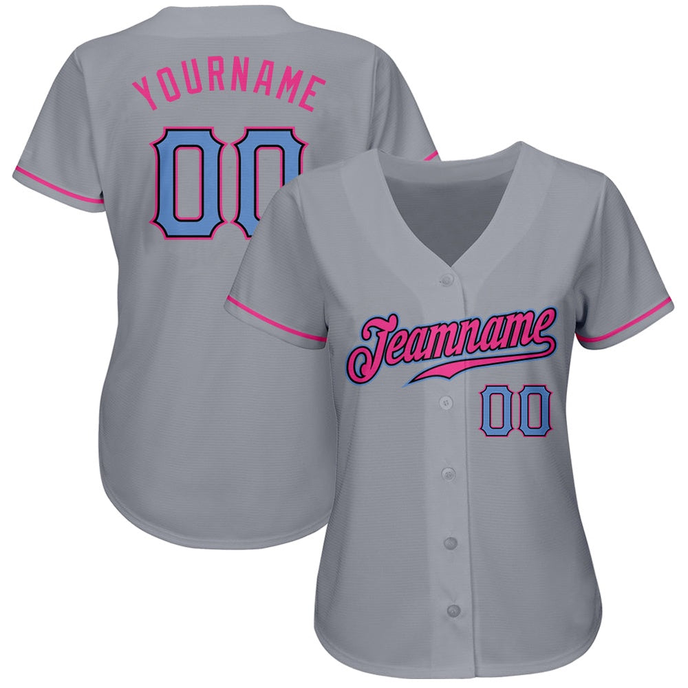 Team Jerseys Baseball, Custom Gray Light Blue Pink Authentic Baseball Jersey, Logo Baseball Jersey