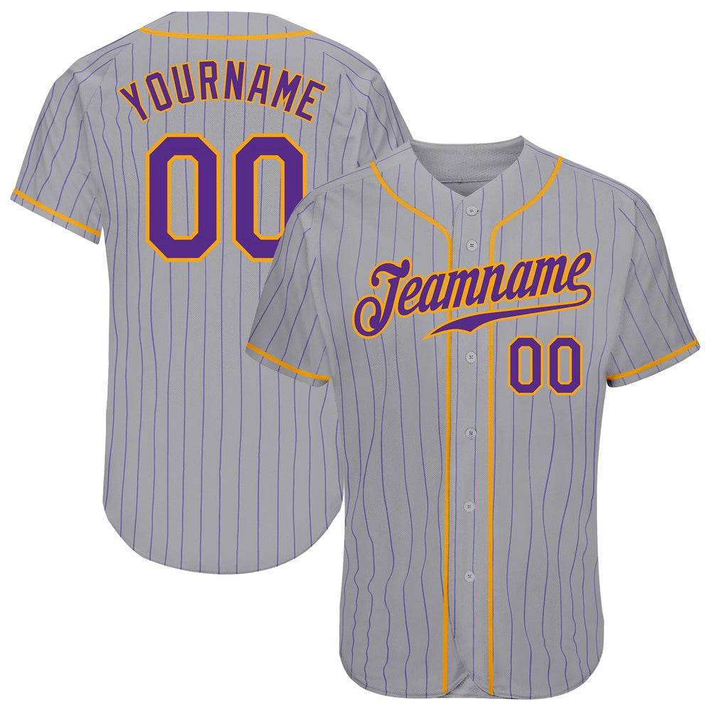Team Jerseys Baseball, Custom Gray Purple Pinstripe Purple Gold Authentic Baseball Jersey, Logo Baseball Jersey