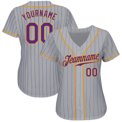 Team Jerseys Baseball, Custom Gray Purple Pinstripe Purple Gold Authentic Baseball Jersey, Logo Baseball Jersey