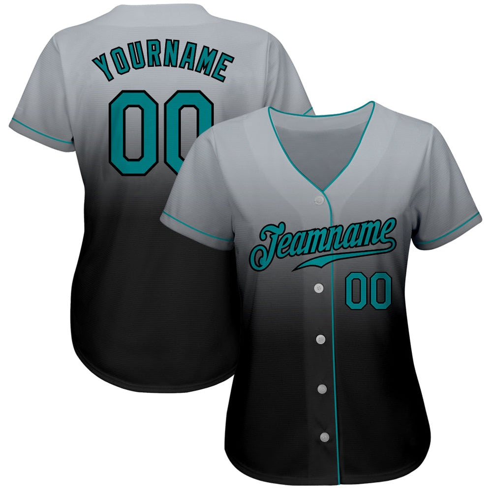 Team Jerseys Baseball, Custom Gray Teal Black Authentic Fade Fashion Baseball Jersey, Logo Baseball Jersey