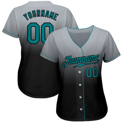 Team Jerseys Baseball, Custom Gray Teal Black Authentic Fade Fashion Baseball Jersey, Logo Baseball Jersey