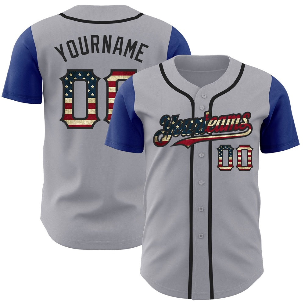 Team Jerseys Baseball, Custom Gray Vintage USA Flag Royal Black Authentic Two Tone Baseball Jersey, Logo Baseball Jersey