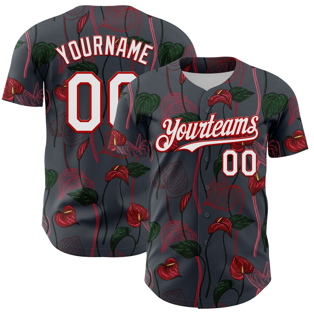Team Jerseys Baseball, Custom Gray White Red 3D Pattern Design Tropical Anthurium Flower Authentic Baseball Jersey, Logo Baseball Jersey