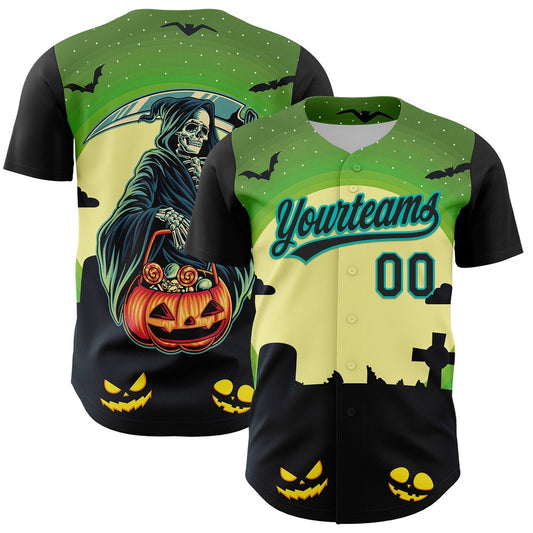 Team Jerseys Baseball, Custom Green Black Aqua 3D Halloween Authentic Baseball Jersey, Logo Baseball Jersey
